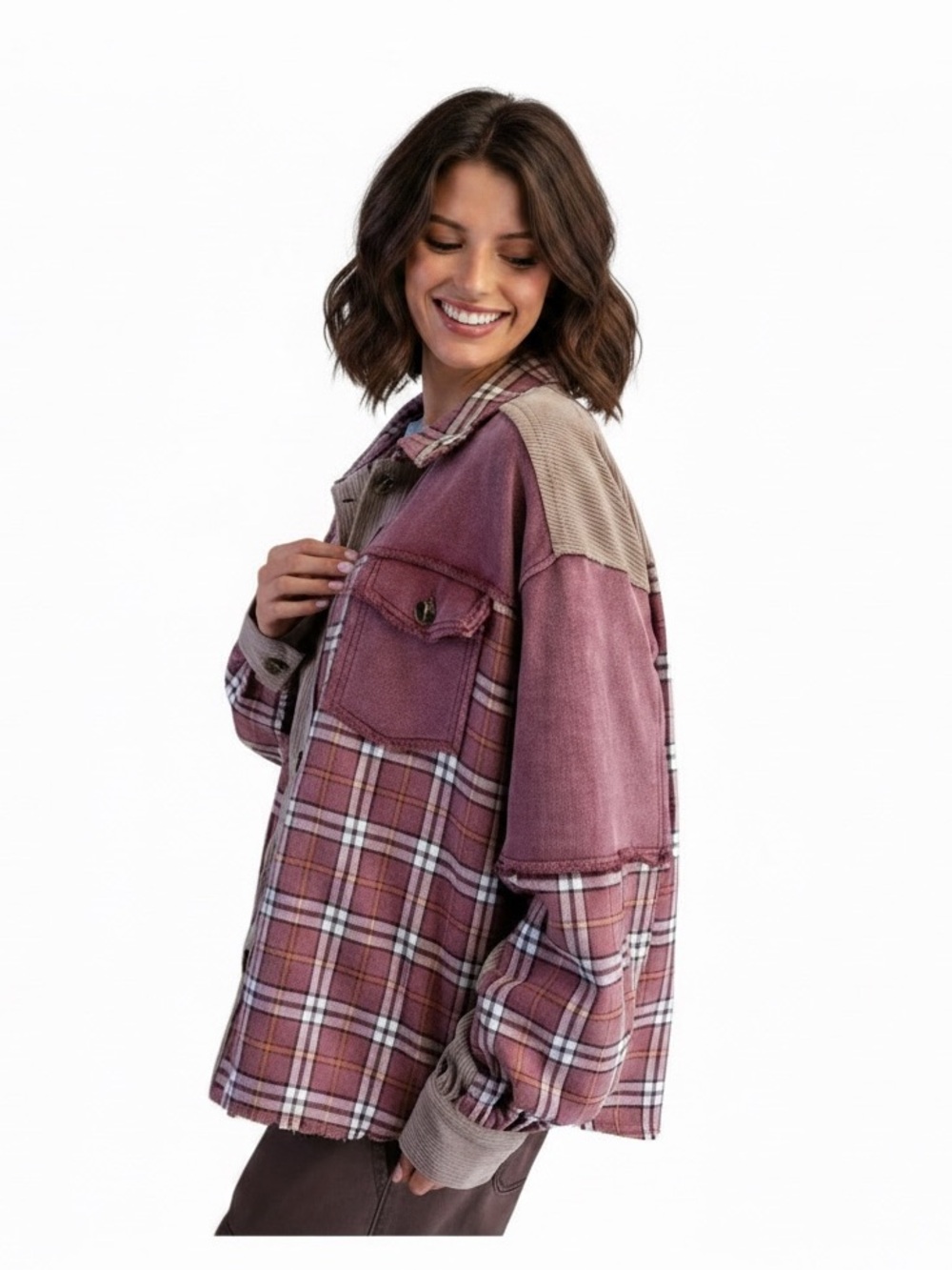 Easel Cotton corduroy mineral washed mixed burgundy tan plaid shacket size Larg - Picture 5 of 9